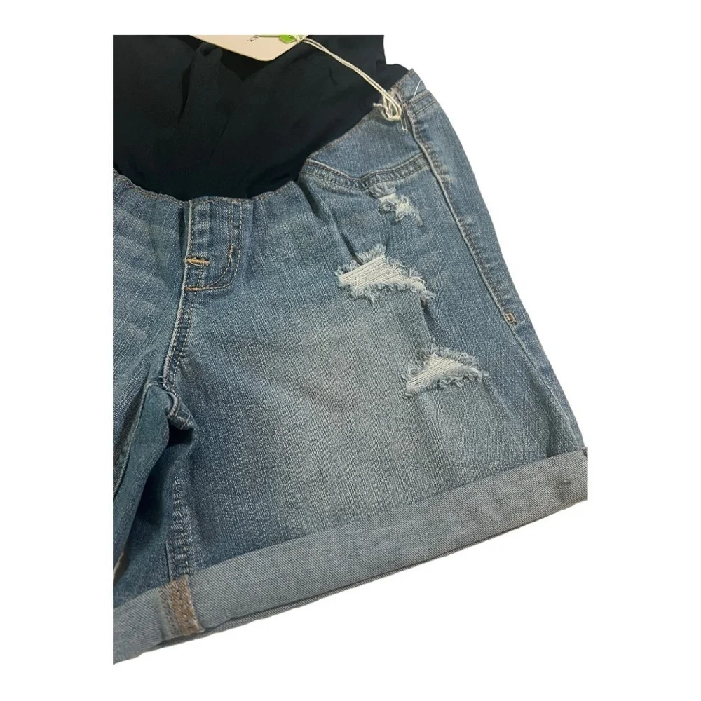 Leora 1822 Denim Rolled Cuff Distressed Maternity Denim Shorts Medium Wash